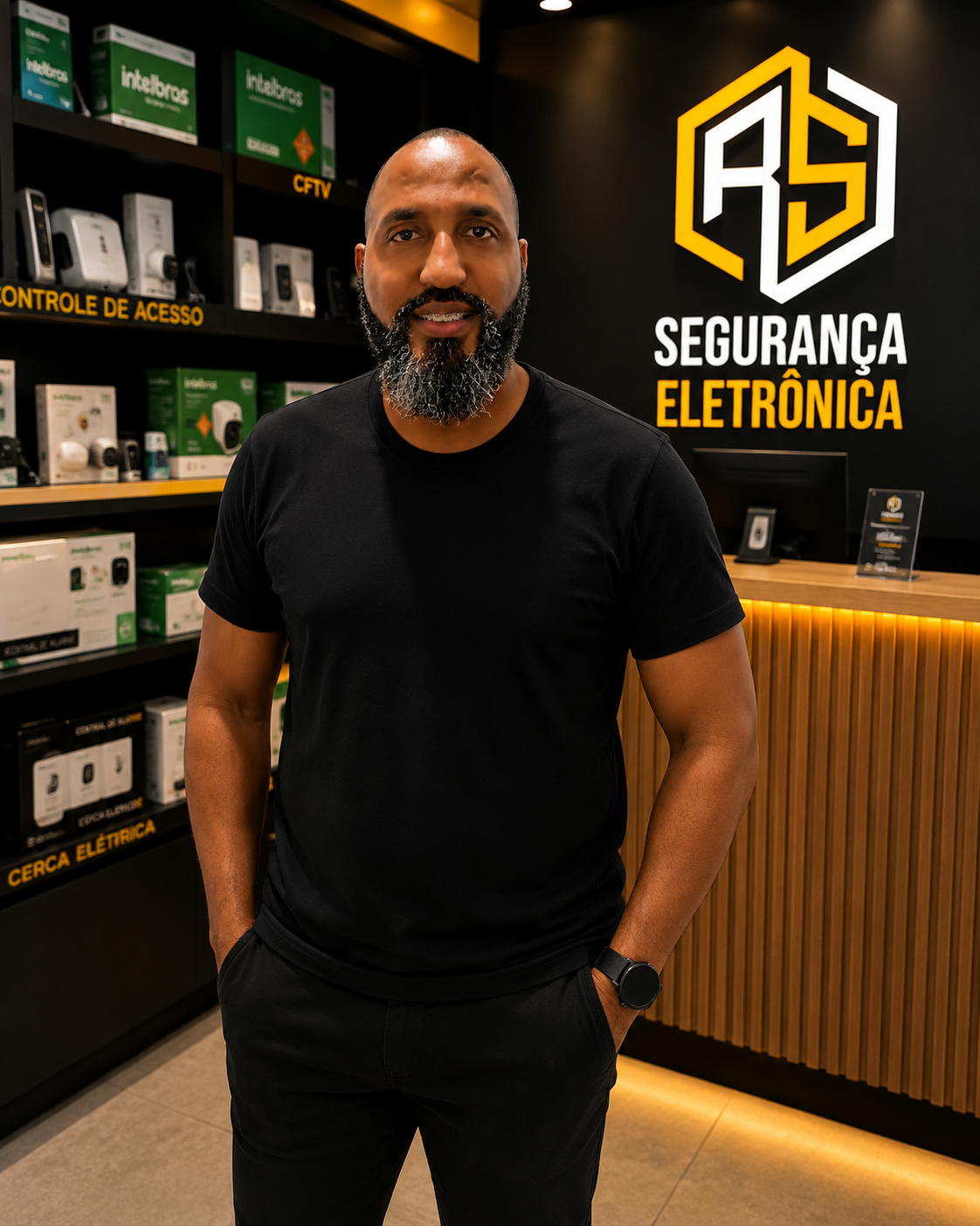 Rafael Lopes na loja da RS Segurança Eletrônica — parceiro Intelbras